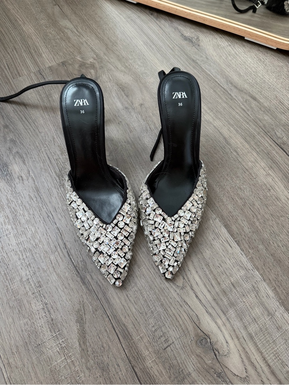 Zara Black Ankle-Strap Pointed Heels with Silver Crystal Embellishments - Picture 2 of 5